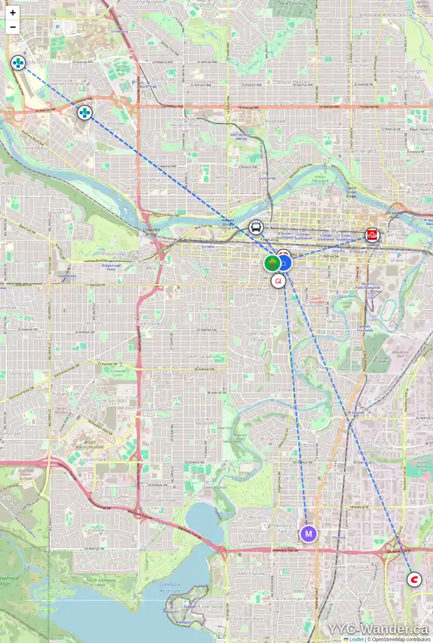 Daily accessibility map for 304 825 12 AV SW, Calgary showing nearby schools, grocery stores, parks, LRT stations and nearby amenities