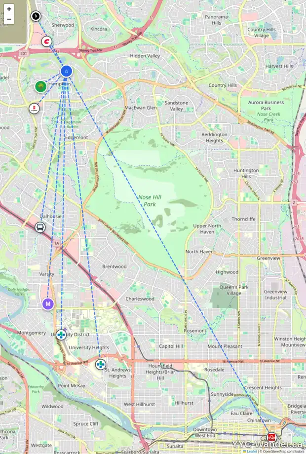 Daily accessibility map for 215 HAMPTONS TC NW, Calgary showing nearby schools, grocery stores, parks, LRT stations and nearby amenities