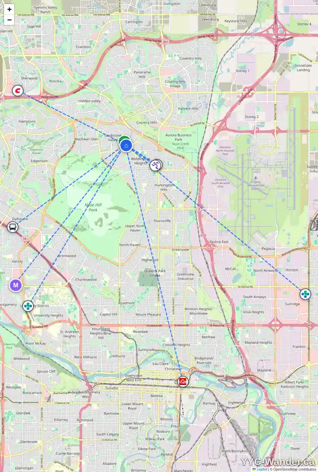 Daily accessibility map for 35 SANDSTONE CO NW, Calgary showing nearby schools, grocery stores, parks, LRT stations and nearby amenities