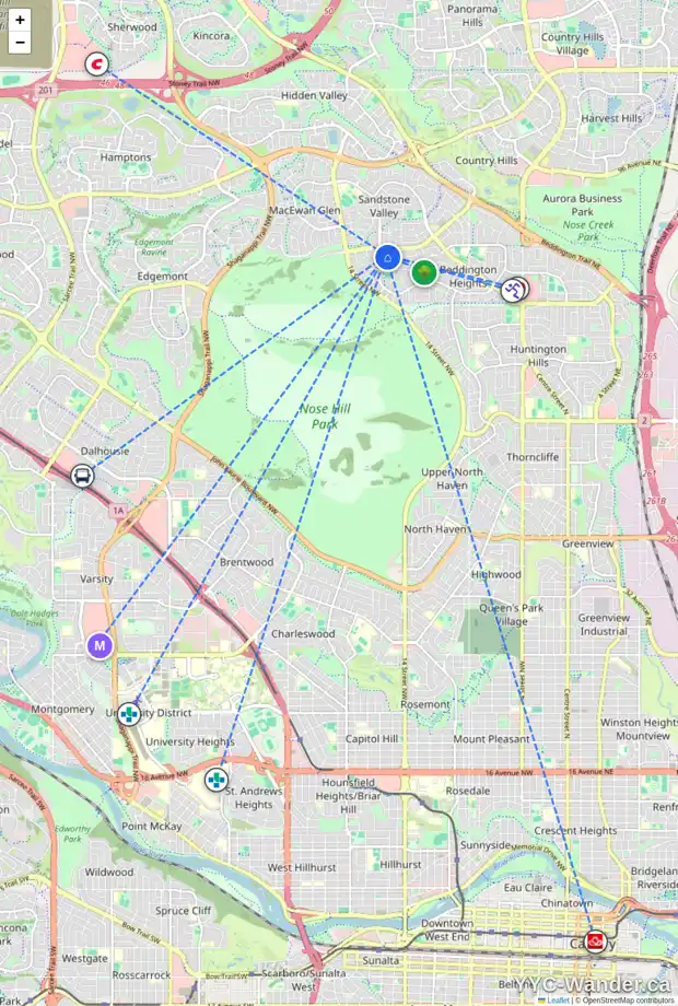 Daily accessibility map for 27 BEARBERRY CR NW, Calgary showing nearby schools, grocery stores, parks, LRT stations and nearby amenities