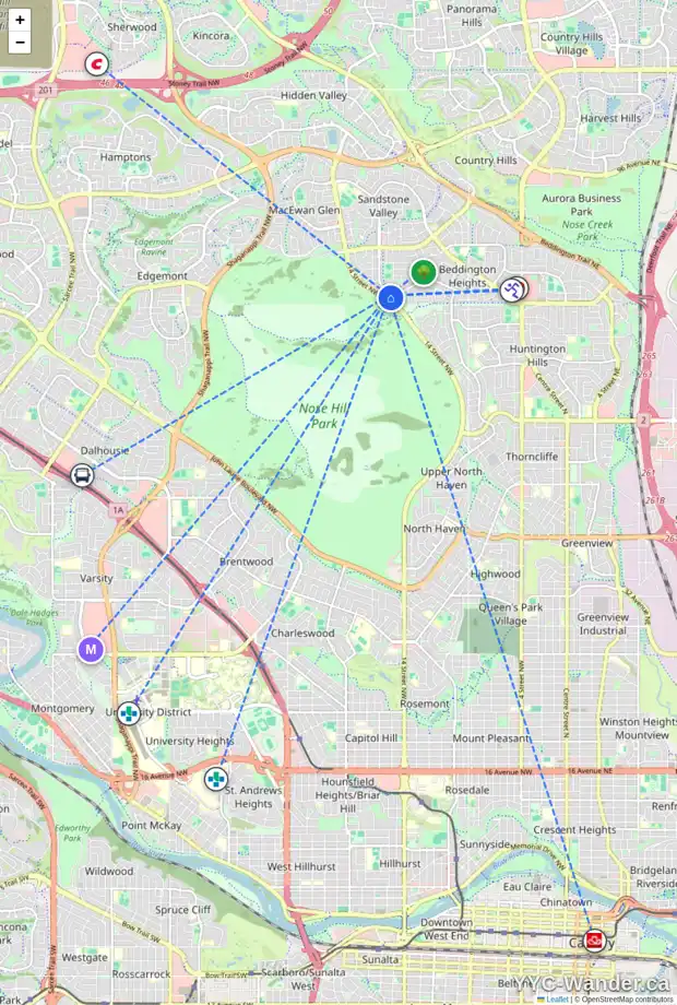 Daily accessibility map for 16 BERKLEY GA NW, Calgary showing nearby schools, grocery stores, parks, LRT stations and nearby amenities