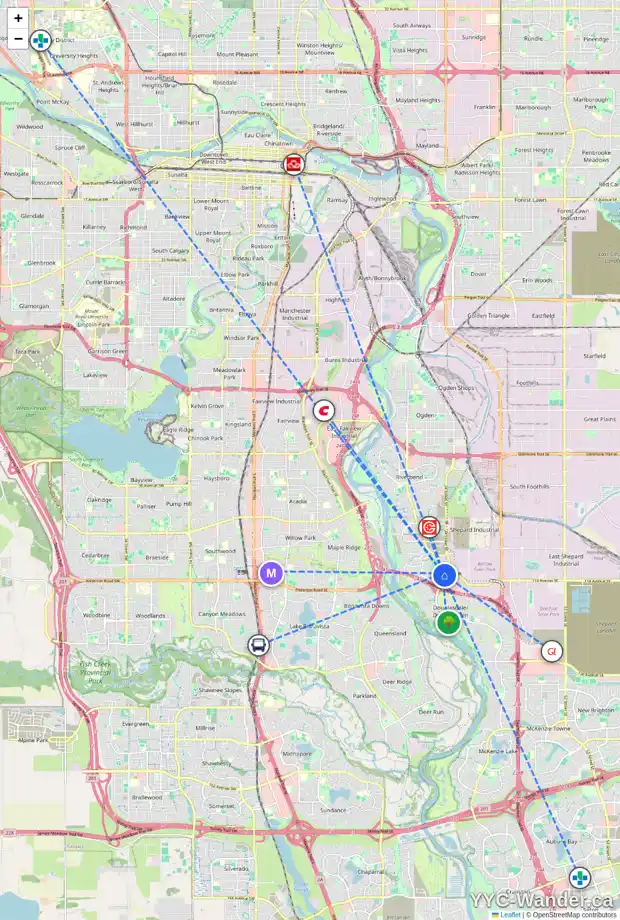 Daily accessibility map for 55 DOUGLAS GLEN CM SE, Calgary showing nearby schools, grocery stores, parks, LRT stations and nearby amenities