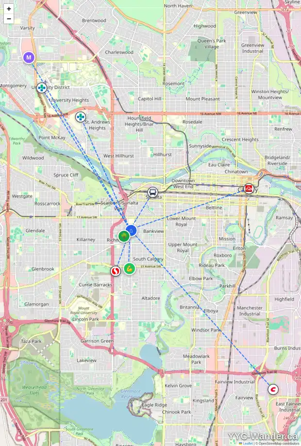 Daily accessibility map for 2119 21 AV SW, Calgary showing nearby schools, grocery stores, parks, LRT stations and nearby amenities