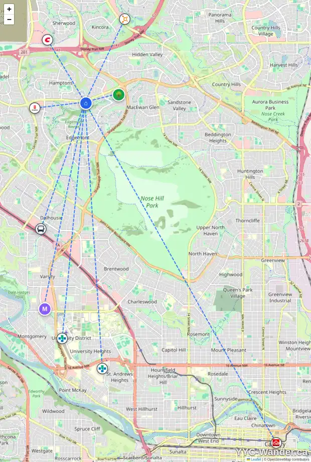 Daily accessibility map for 62 EDGERIDGE GR NW, Calgary showing nearby schools, grocery stores, parks, LRT stations and nearby amenities