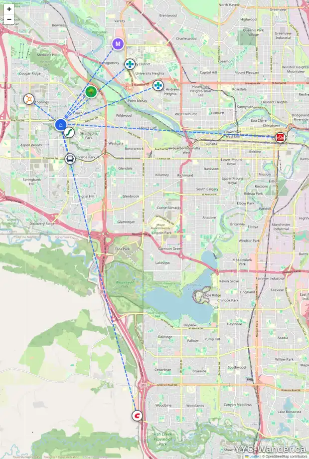Daily accessibility map for 226 STRATHRIDGE PL SW, Calgary showing nearby schools, grocery stores, parks, LRT stations and nearby amenities