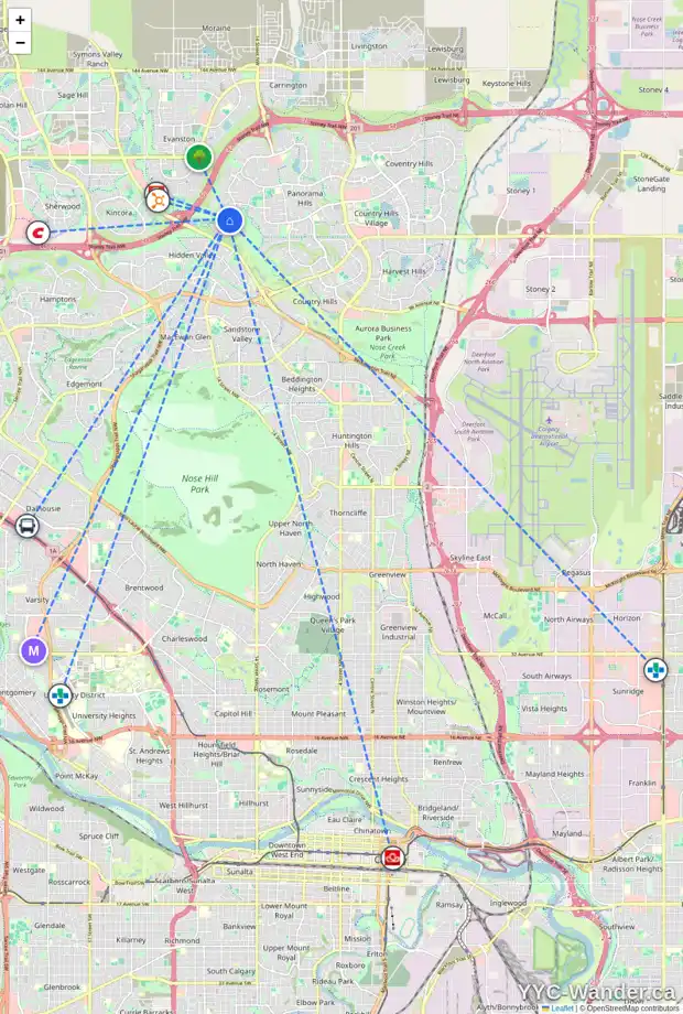Daily accessibility map for 25 HIDDEN CREEK RD NW, Calgary showing nearby schools, grocery stores, parks, LRT stations and nearby amenities