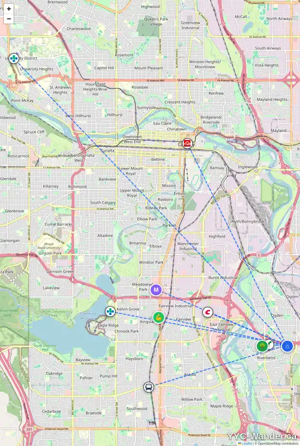 Daily accessibility map for 80 RIVERCREST CR SE, Calgary showing nearby schools, grocery stores, parks, LRT stations and nearby amenities