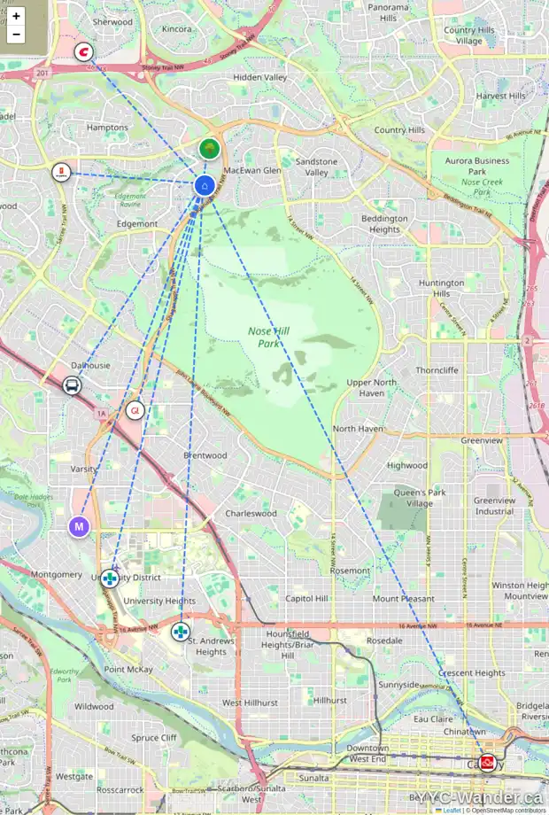 Daily accessibility map for 395 EDGEBROOK RI NW, Calgary showing nearby schools, grocery stores, parks, LRT stations and nearby amenities