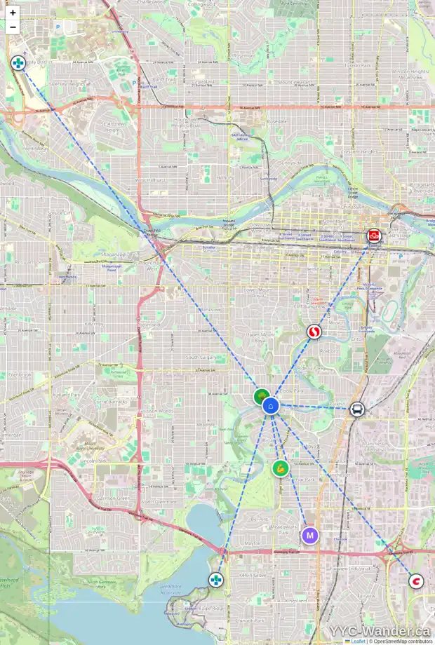 Daily accessibility map for 912 RIVERDALE AV SW, Calgary showing nearby schools, grocery stores, parks, LRT stations and nearby amenities