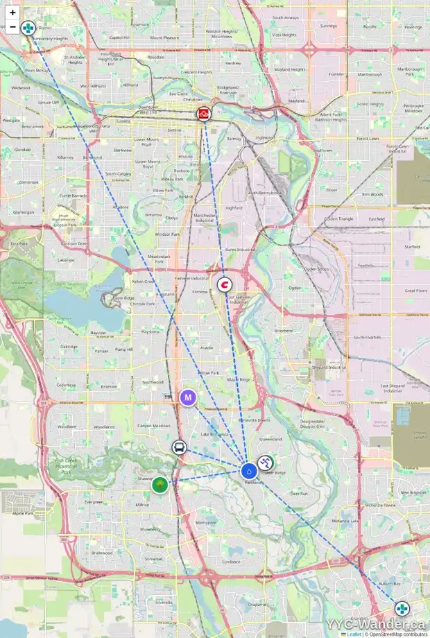 Daily accessibility map for 14028 PARKLAND BV SE, Calgary showing nearby schools, grocery stores, parks, LRT stations and nearby amenities