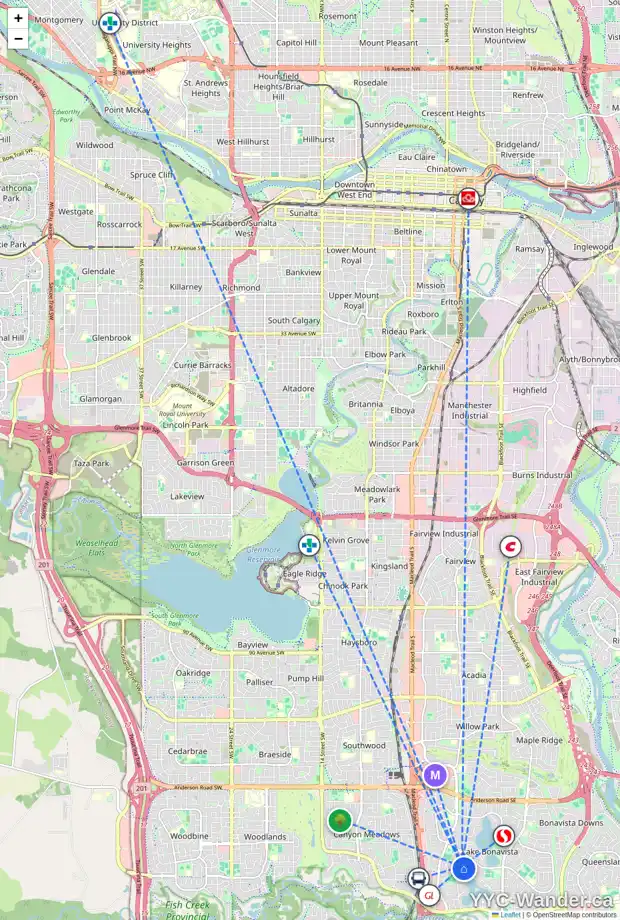 Daily accessibility map for 223 LAKE MEAD RD SE, Calgary showing nearby schools, grocery stores, parks, LRT stations and nearby amenities