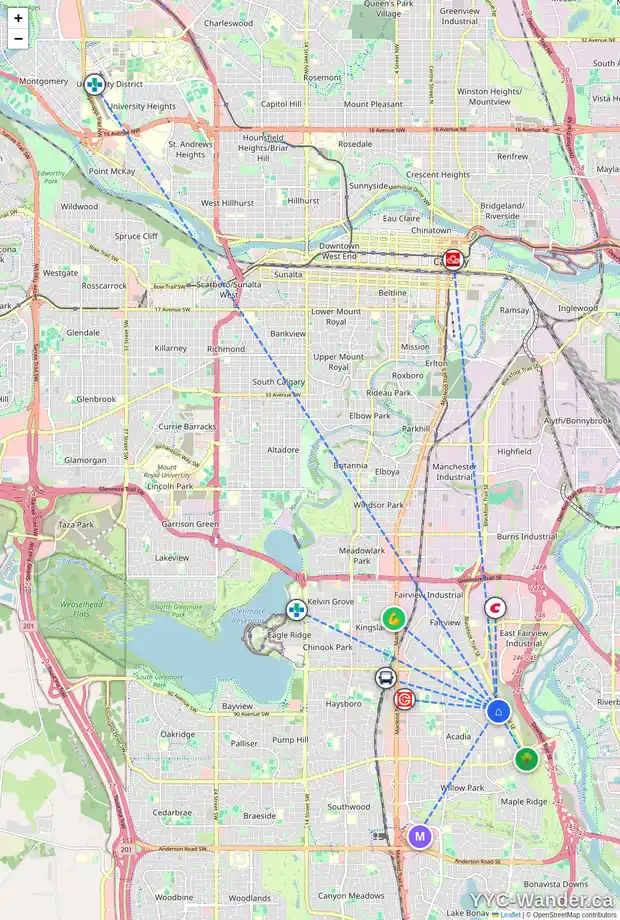 Daily accessibility map for 819 AVONLEA PL SE, Calgary showing nearby schools, grocery stores, parks, LRT stations and nearby amenities
