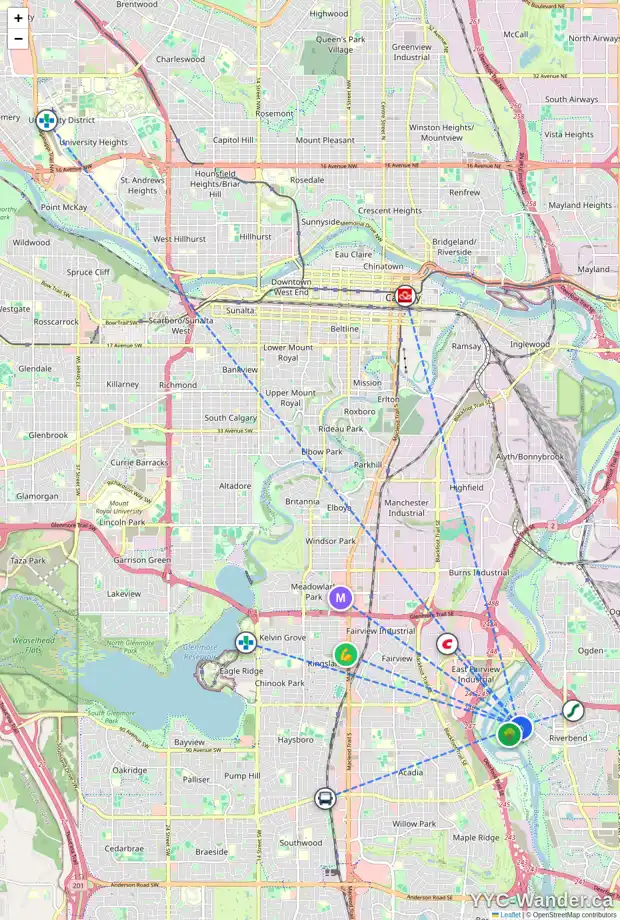 Daily accessibility map for 204 RIVERSIDE BA SE, Calgary showing nearby schools, grocery stores, parks, LRT stations and nearby amenities