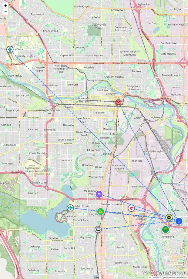 Daily accessibility map for 7809 22 ST SE, Calgary showing nearby schools, grocery stores, parks, LRT stations and nearby amenities