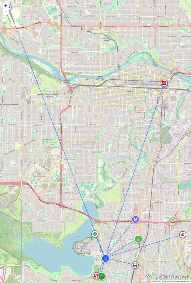 Daily accessibility map for 1407 COLLEEN AV SW, Calgary showing nearby schools, grocery stores, parks, LRT stations and nearby amenities