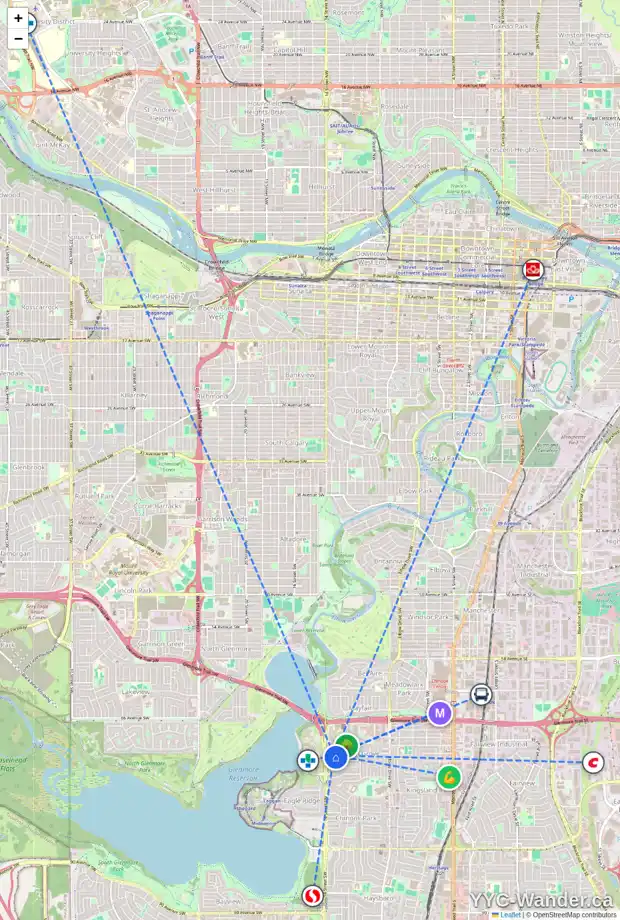 Daily accessibility map for 1411 70 AV SW, Calgary showing nearby schools, grocery stores, parks, LRT stations and nearby amenities