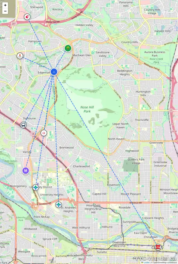 Daily accessibility map for 14 EDGEBROOK WY NW, Calgary showing nearby schools, grocery stores, parks, LRT stations and nearby amenities