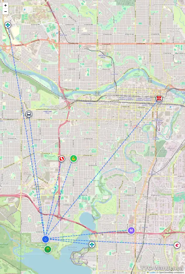 Daily accessibility map for 6919 LEGARE DR SW, Calgary showing nearby schools, grocery stores, parks, LRT stations and nearby amenities
