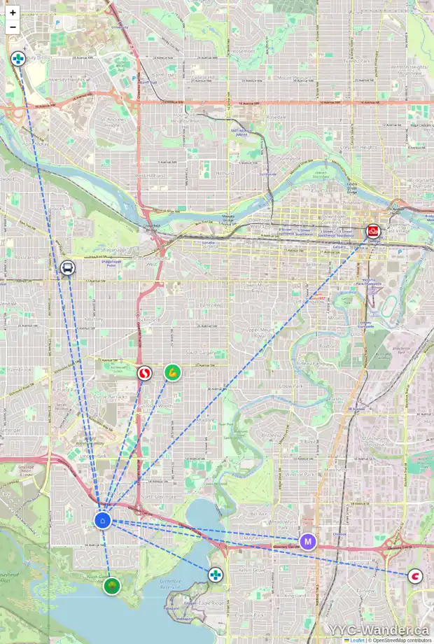 Daily accessibility map for 3016 LANCASTER WY SW, Calgary showing nearby schools, grocery stores, parks, LRT stations and nearby amenities