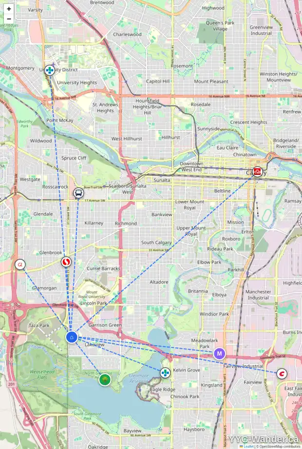 Daily accessibility map for 3720 LOGAN CR SW, Calgary showing nearby schools, grocery stores, parks, LRT stations and nearby amenities