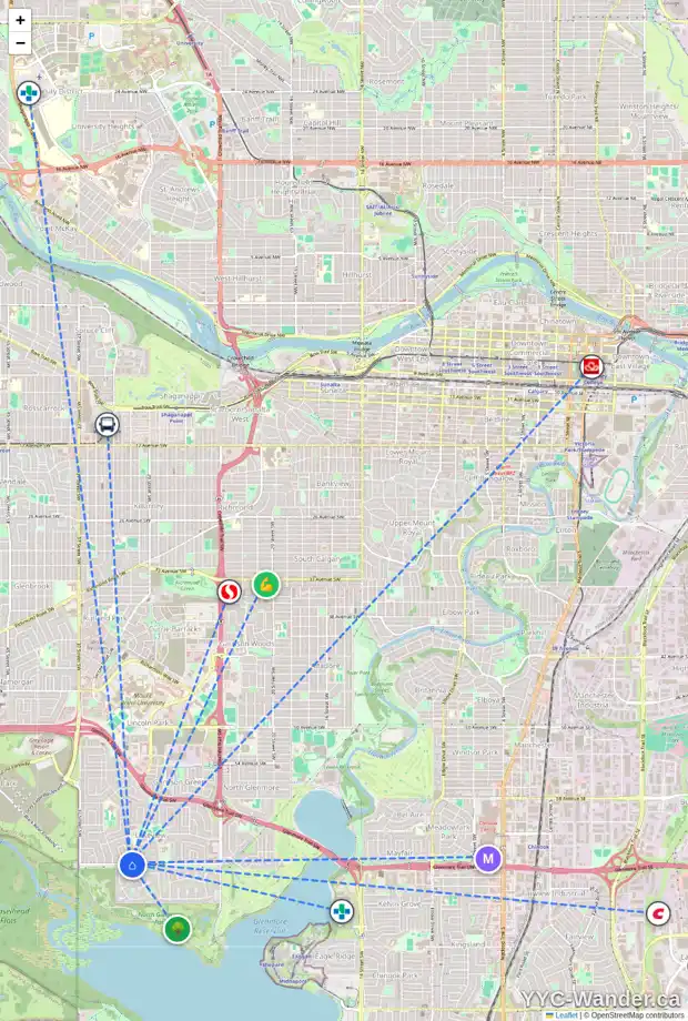 Daily accessibility map for 3408 66 AV SW, Calgary showing nearby schools, grocery stores, parks, LRT stations and nearby amenities