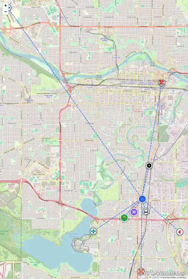 Daily accessibility map for 1402 303 57 AV SW, Calgary showing nearby schools, grocery stores, parks, LRT stations and nearby amenities