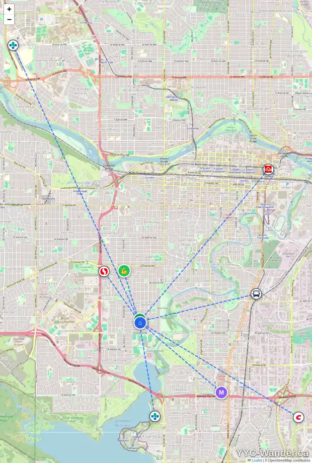 Daily accessibility map for 1903 47 AV SW, Calgary showing nearby schools, grocery stores, parks, LRT stations and nearby amenities