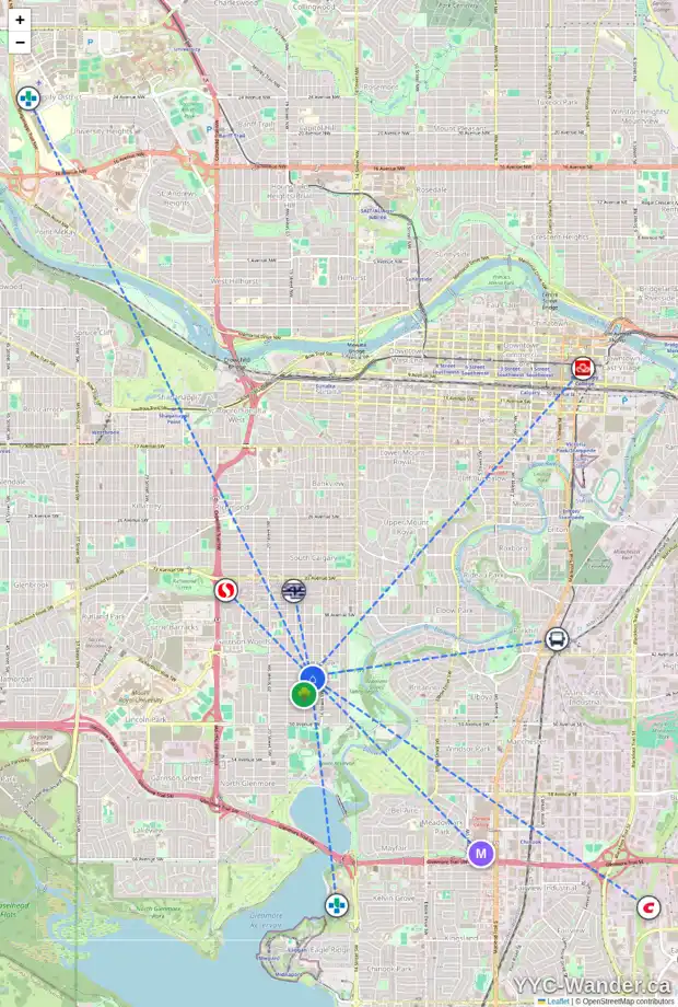 Daily accessibility map for 4515 16A ST SW, Calgary showing nearby schools, grocery stores, parks, LRT stations and nearby amenities