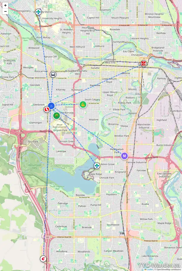 Daily accessibility map for 3707 RICHMOND RD SW, Calgary showing nearby schools, grocery stores, parks, LRT stations and nearby amenities