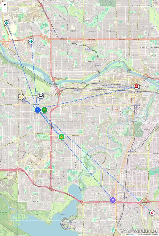 Daily accessibility map for 2018 28 ST SW, Calgary showing nearby schools, grocery stores, parks, LRT stations and nearby amenities