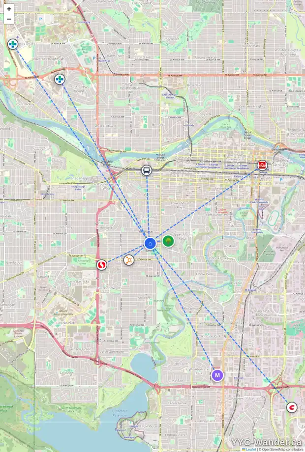 Daily accessibility map for 1630 29 AV SW, Calgary showing nearby schools, grocery stores, parks, LRT stations and nearby amenities