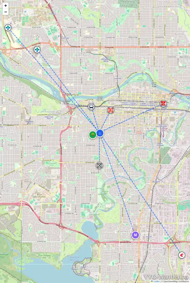 Daily accessibility map for 2225 14 ST SW, Calgary showing nearby schools, grocery stores, parks, LRT stations and nearby amenities