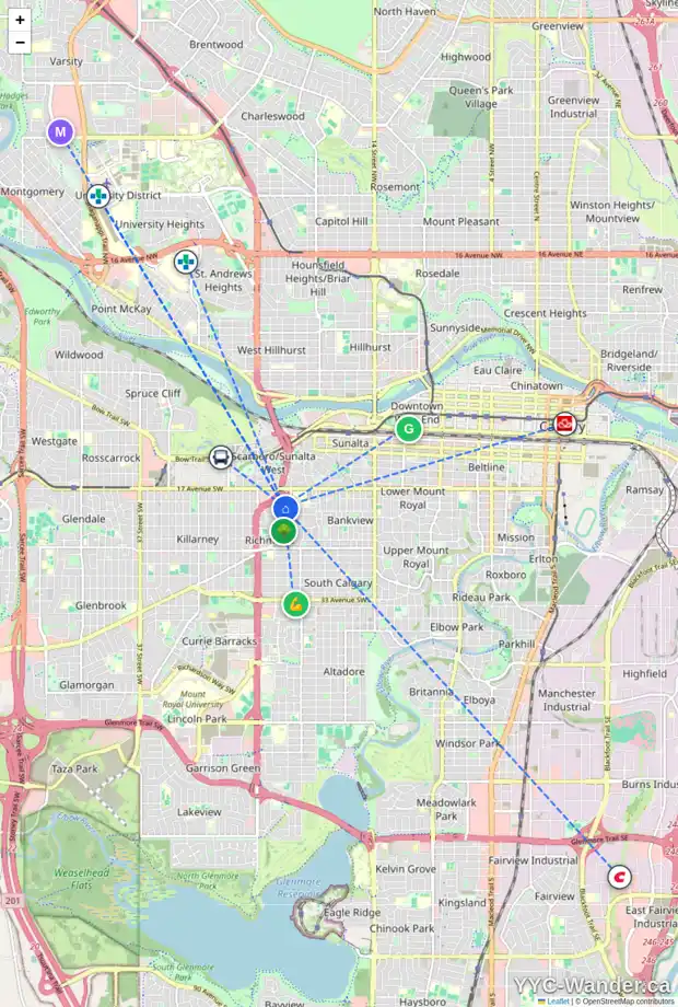 Daily accessibility map for 2005 TECUMSEH RD SW, Calgary showing nearby schools, grocery stores, parks, LRT stations and nearby amenities