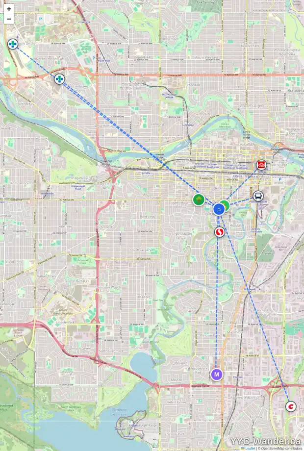 Daily accessibility map for 531 19 AV SW, Calgary showing nearby schools, grocery stores, parks, LRT stations and nearby amenities