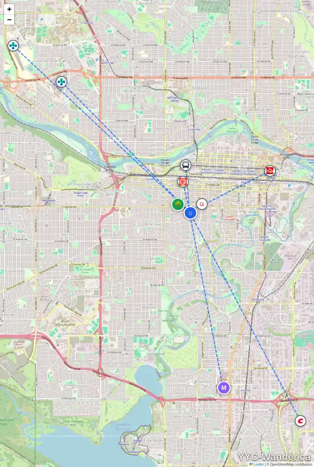 Daily accessibility map for 203 1731 9A ST SW, Calgary showing nearby schools, grocery stores, parks, LRT stations and nearby amenities