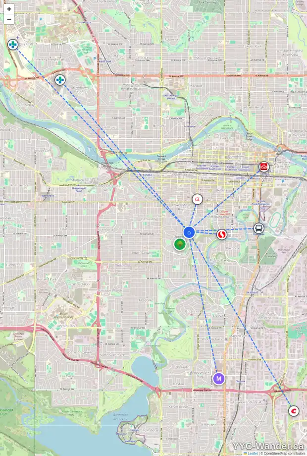 Daily accessibility map for 1021 HILLCREST AV SW, Calgary showing nearby schools, grocery stores, parks, LRT stations and nearby amenities