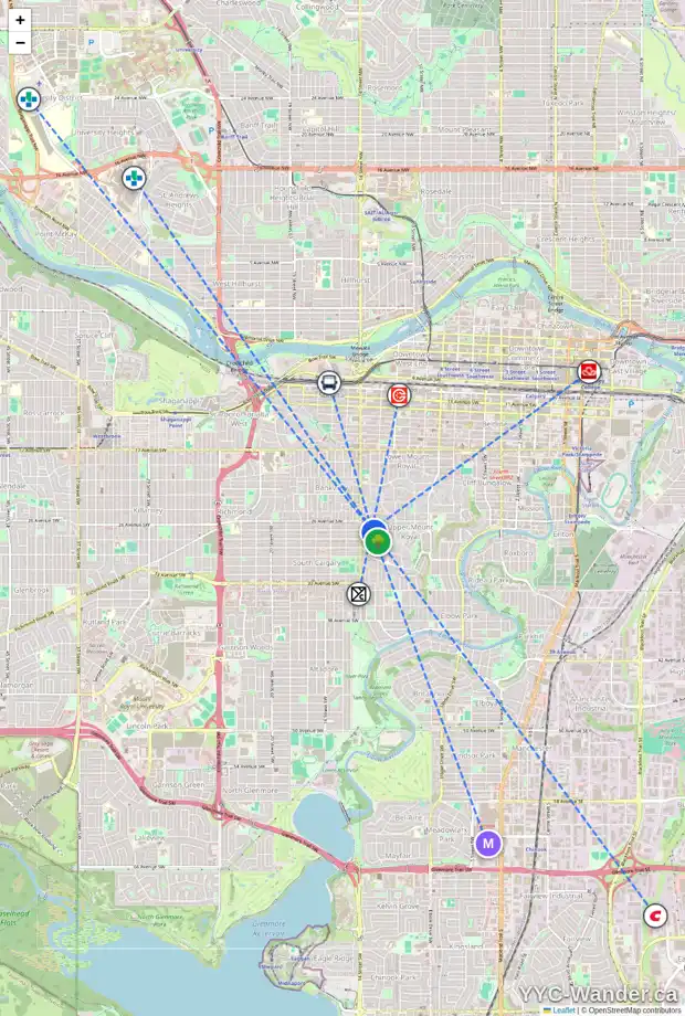 Daily accessibility map for 2750 WOLFE ST SW, Calgary showing nearby schools, grocery stores, parks, LRT stations and nearby amenities
