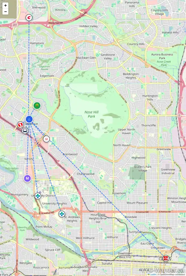 Daily accessibility map for 6035 DALFORD HL NW, Calgary showing nearby schools, grocery stores, parks, LRT stations and nearby amenities