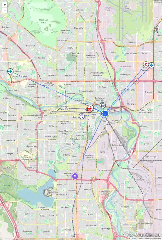 Daily accessibility map for 1005 8 AV SE, Calgary showing nearby schools, grocery stores, parks, LRT stations and nearby amenities