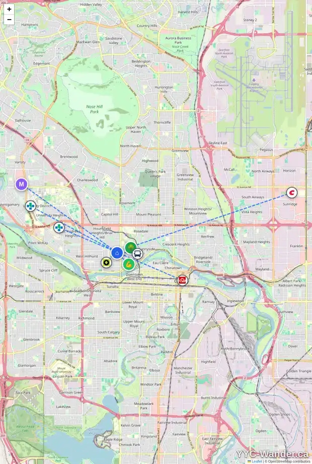 Daily accessibility map for 610 16 ST NW, Calgary showing nearby schools, grocery stores, parks, LRT stations and nearby amenities