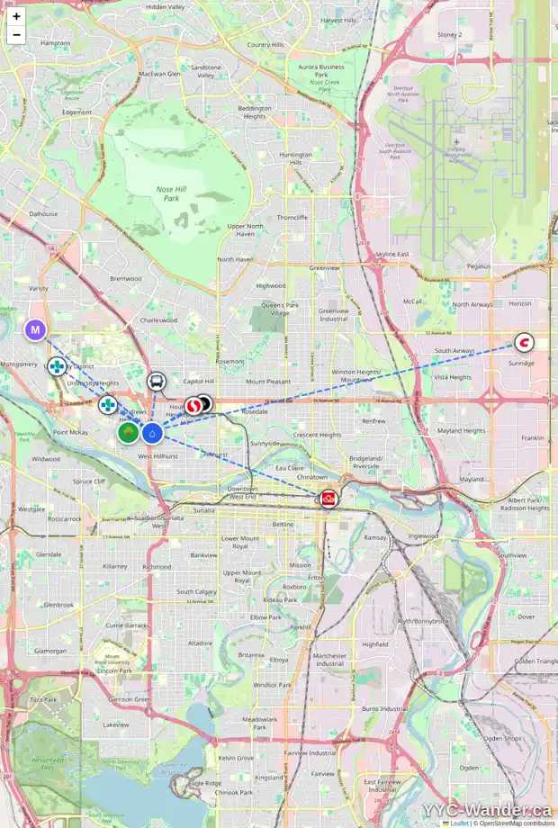 Daily accessibility map for 2420 9 AV NW, Calgary showing nearby schools, grocery stores, parks, LRT stations and nearby amenities