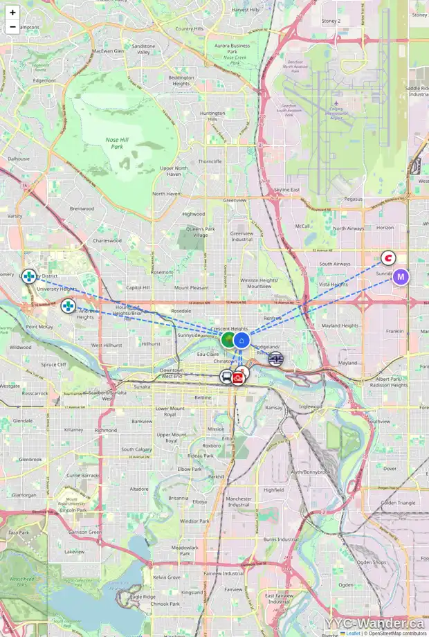 Daily accessibility map for 302 333 5 AV NE, Calgary showing nearby schools, grocery stores, parks, LRT stations and nearby amenities