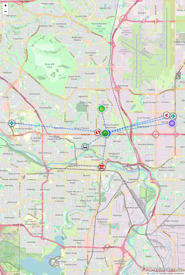 Daily accessibility map for 516 17 AV NE, Calgary showing nearby schools, grocery stores, parks, LRT stations and nearby amenities