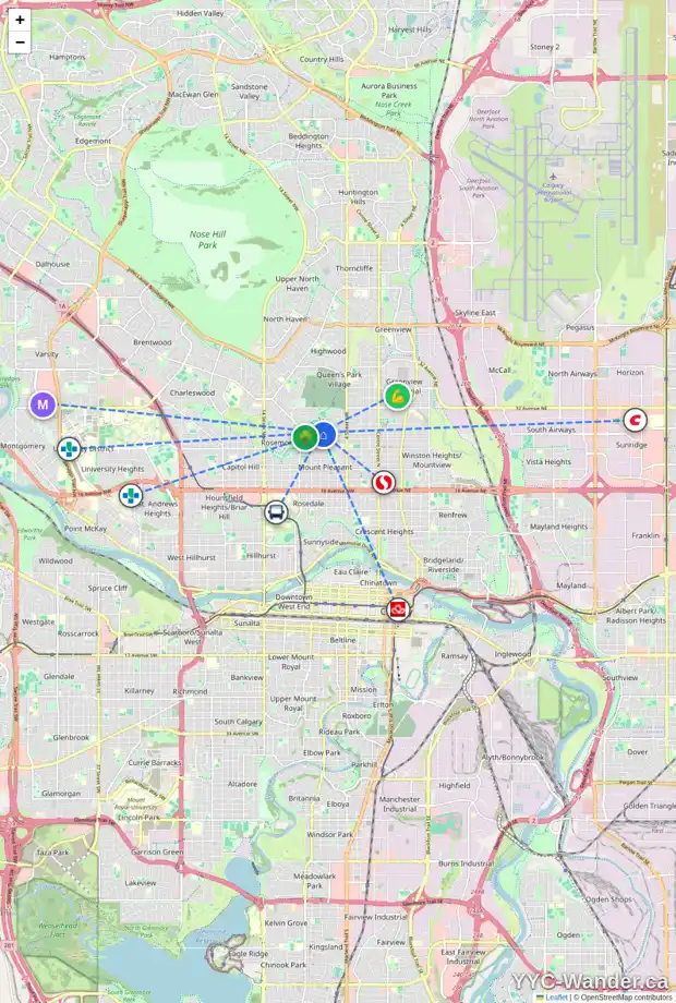 Daily accessibility map for 722 27 AV NW, Calgary showing nearby schools, grocery stores, parks, LRT stations and nearby amenities