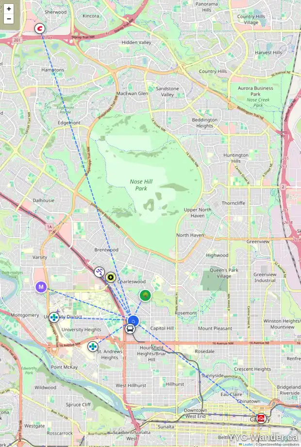 Daily accessibility map for 2439 22A ST NW, Calgary showing nearby schools, grocery stores, parks, LRT stations and nearby amenities