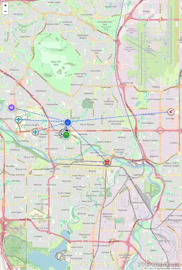 Daily accessibility map for 1628 22 AV NW, Calgary showing nearby schools, grocery stores, parks, LRT stations and nearby amenities