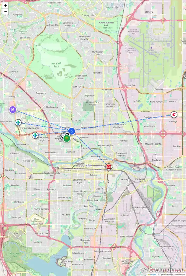Daily accessibility map for 1514 18 AV NW, Calgary showing nearby schools, grocery stores, parks, LRT stations and nearby amenities