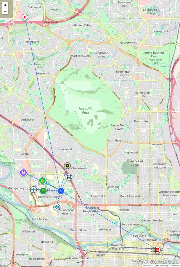 Daily accessibility map for 2407 USHER RD NW, Calgary showing nearby schools, grocery stores, parks, LRT stations and nearby amenities