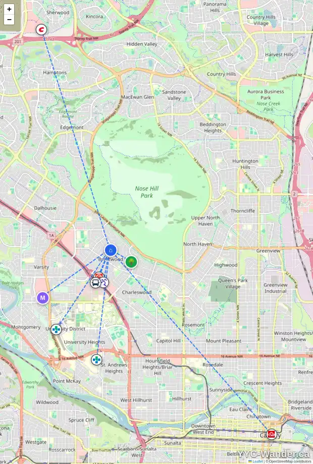 Daily accessibility map for 4903 BRISEBOIS DR NW, Calgary showing nearby schools, grocery stores, parks, LRT stations and nearby amenities