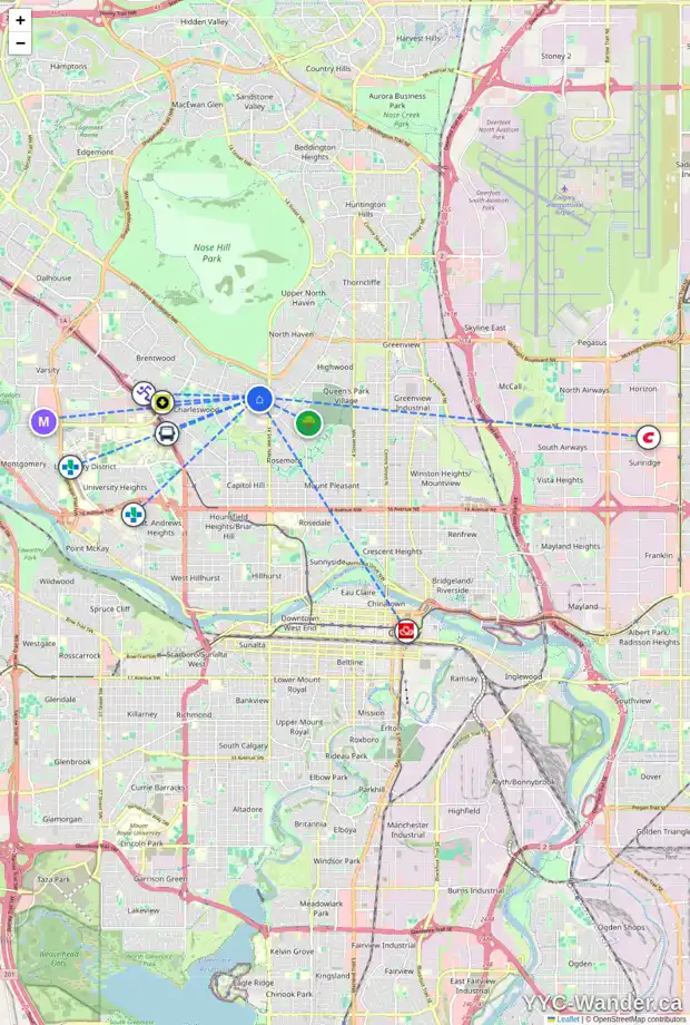 Daily accessibility map for 60 CHELTENHAM RD NW, Calgary showing nearby schools, grocery stores, parks, LRT stations and nearby amenities